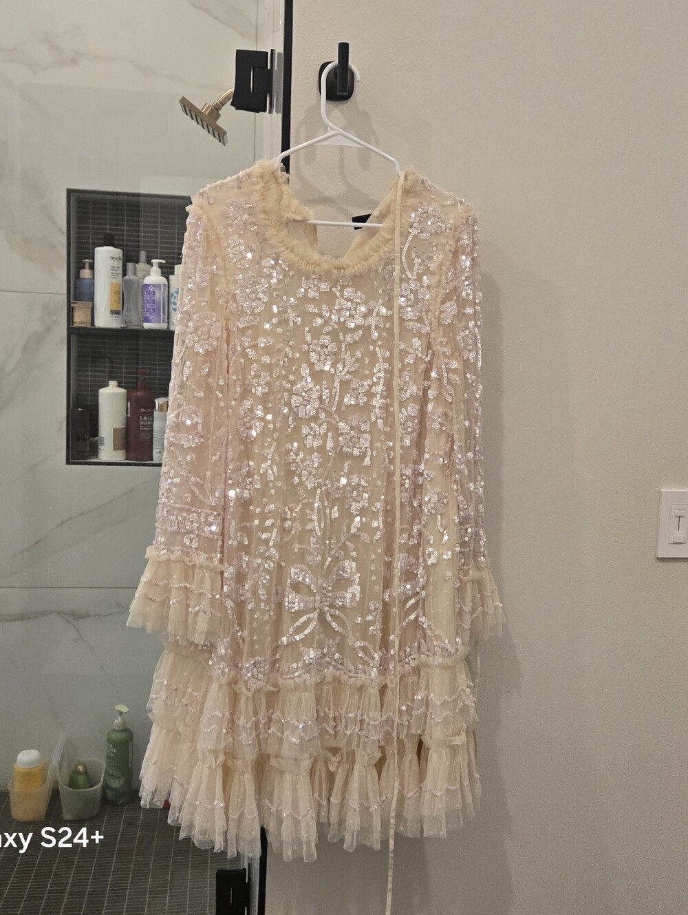 Needle & Thread Blush Sequin Embellished Ruffle Mini Dress